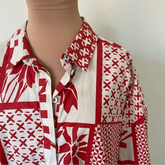 Anthropologie Maeve Red White Cotton Printmaker Poplin Long Sleeve Shirtdress L - Picture 11 of 12